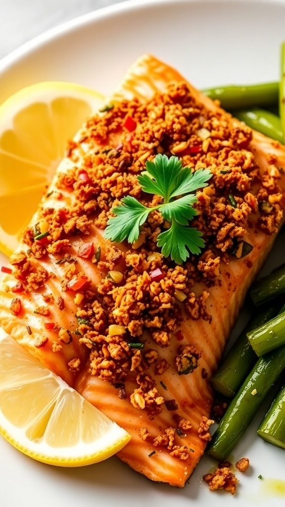Air fryer salmon fillet with chili crunch topping, garnished with parsley and lemon, served with vegetables.